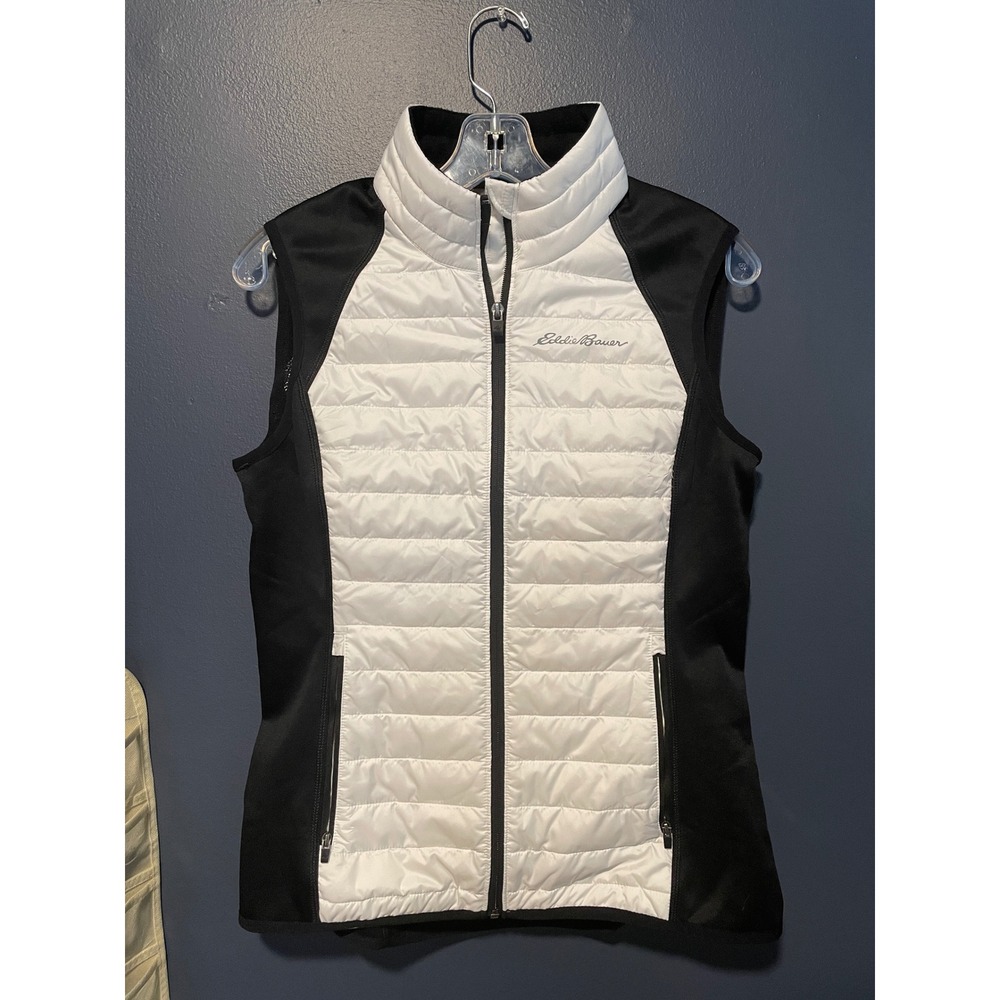 Eddie Bauer Womens Medium Hybrid Puffer Vest White Black Quilted Insulated Zip